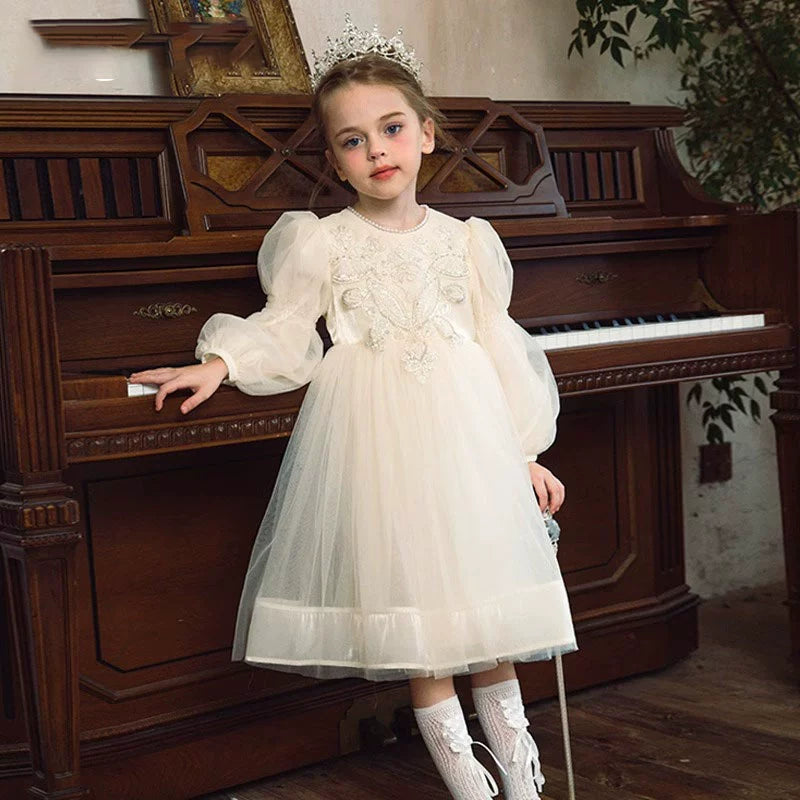 Princess Ivory Tulle Back Zip Baptism Beaded Tea Length Long Sleeve Lantern Sleeve Round Flower Girl Dress