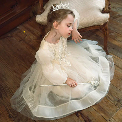 Princess Ivory Tulle Back Zip Baptism Beaded Tea Length Long Sleeve Lantern Sleeve Round Flower Girl Dress