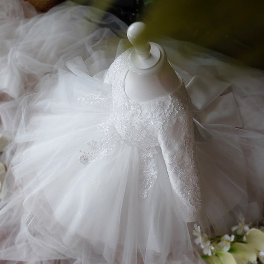 Princess Lace and Tulle Flower Girl Dress with Lantern Sleeves