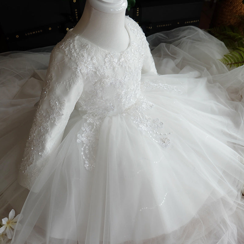 Princess Lace and Tulle Flower Girl Dress with Lantern Sleeves