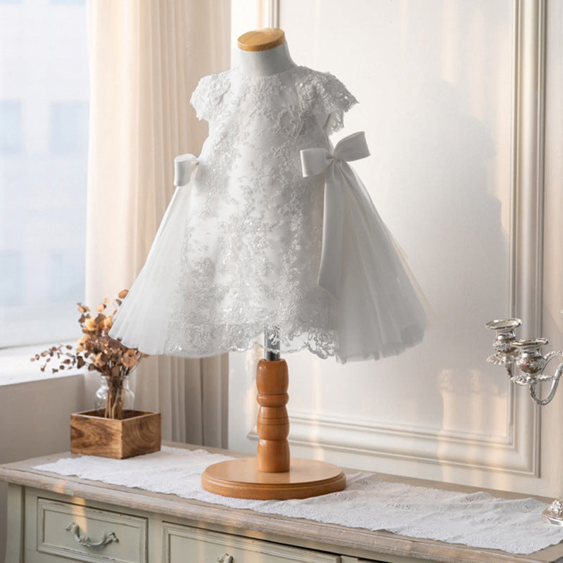Princess Lace Flower Girl Dress with Bow Tea Length Short Sleeve