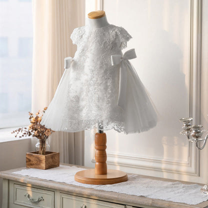 Princess Lace Flower Girl Dress with Bow Tea Length Short Sleeve