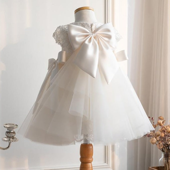 Princess Lace Flower Girl Dress with Bow Tea Length Short Sleeve