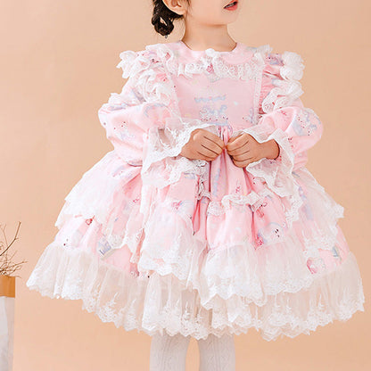 Princess Lace Flower Girl Dress with Long Puff Sleeves