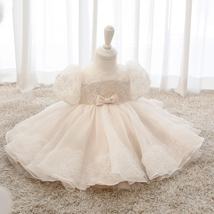 Princess Lace Organza Flower Girl Dress with Bow Tea Length