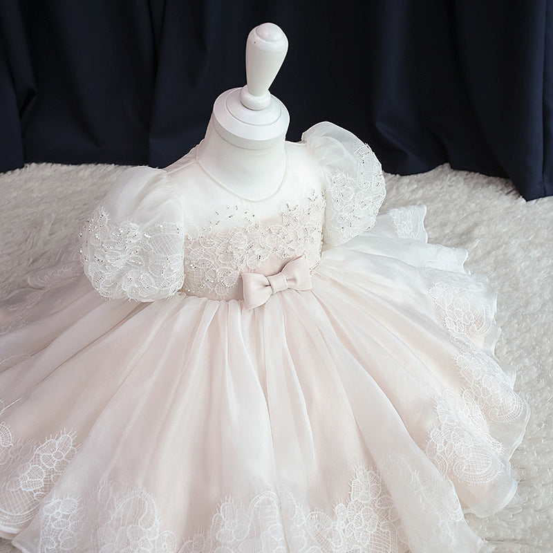 Princess Lace Organza Flower Girl Dress with Bow Tea Length