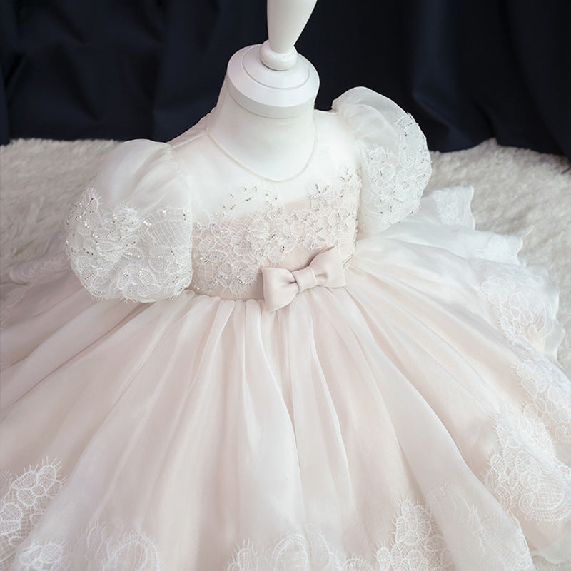Princess Lace Organza Flower Girl Dress with Bow Tea Length
