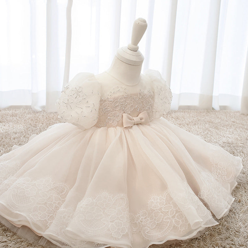 Princess Lace Organza Flower Girl Dress with Bow Tea Length