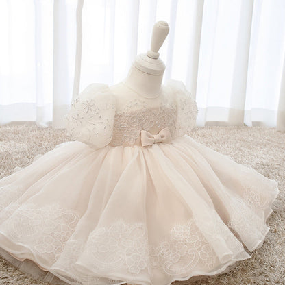 Princess Lace Organza Flower Girl Dress with Bow Tea Length