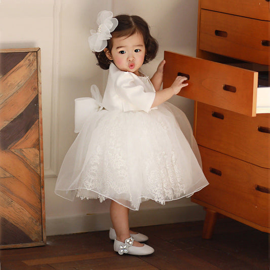 Princess Satin & Tulle Flower Girl Dress with Lace Flowers