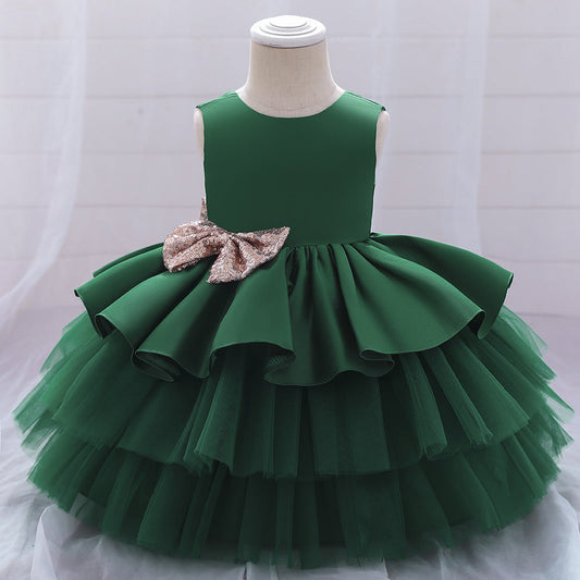 Princess Satin & Tulle Flower Girl Dress with Ruffles & Bow