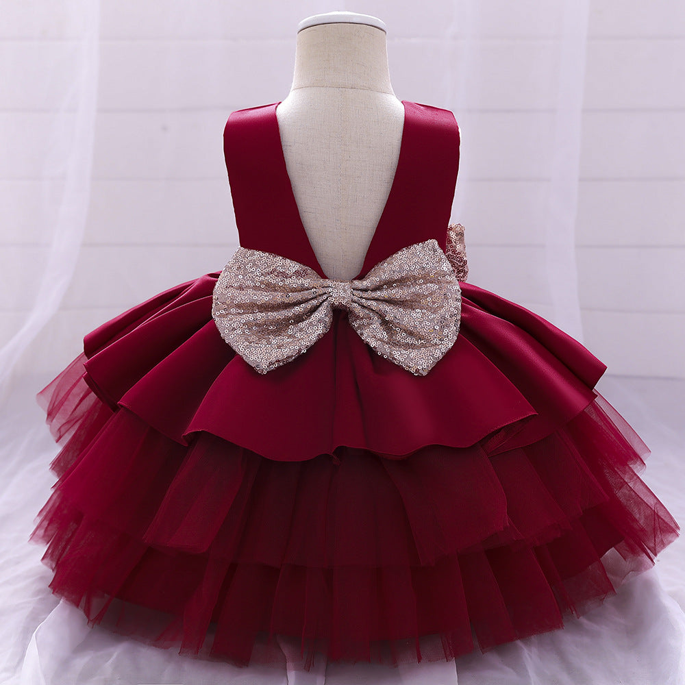 Princess Satin & Tulle Flower Girl Dress with Ruffles & Bow