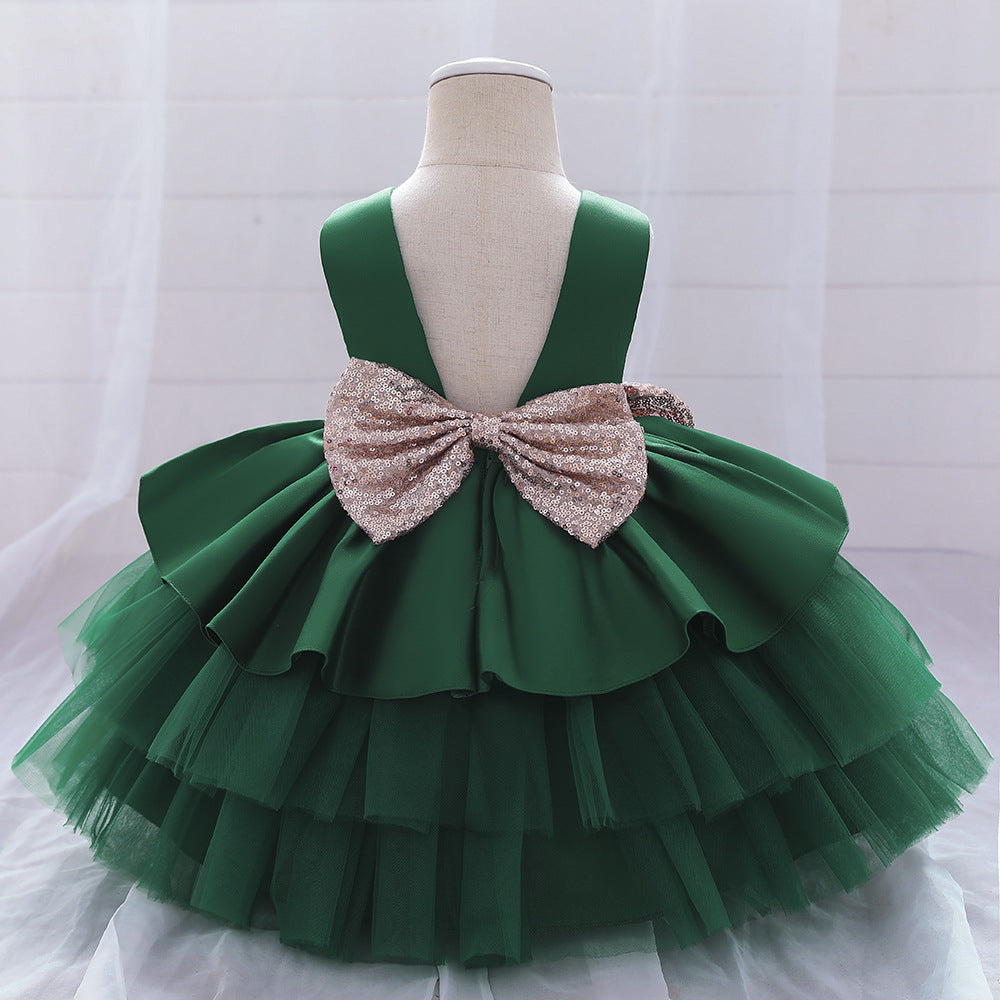 Princess Satin & Tulle Flower Girl Dress with Ruffles & Bow