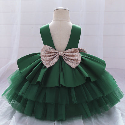Princess Satin & Tulle Flower Girl Dress with Ruffles & Bow