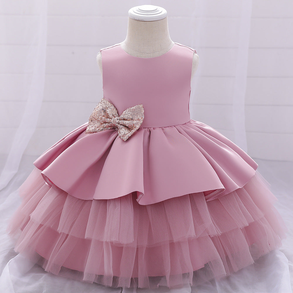 Princess Satin & Tulle Flower Girl Dress with Ruffles & Bow