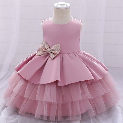Princess Satin & Tulle Flower Girl Dress with Ruffles & Bow