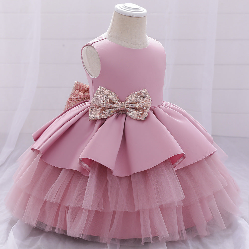 Princess Satin & Tulle Flower Girl Dress with Ruffles & Bow