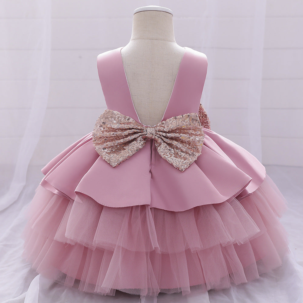 Princess Satin & Tulle Flower Girl Dress with Ruffles & Bow