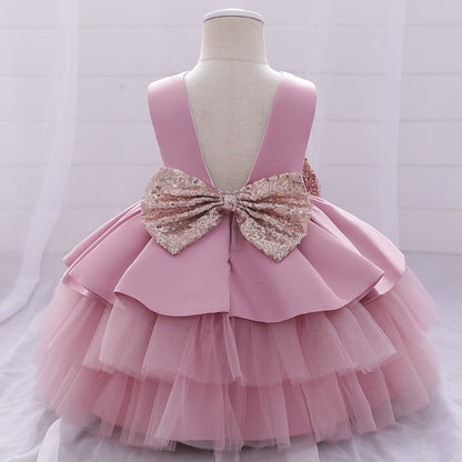Princess Satin & Tulle Flower Girl Dress with Ruffles & Bow