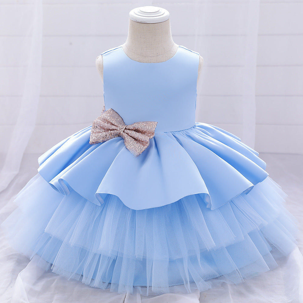Princess Satin & Tulle Flower Girl Dress with Ruffles & Bow
