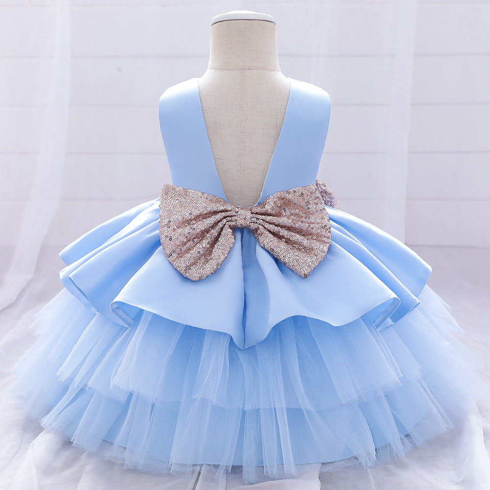 Princess Satin & Tulle Flower Girl Dress with Ruffles & Bow