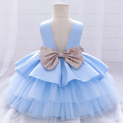 Princess Satin & Tulle Flower Girl Dress with Ruffles & Bow