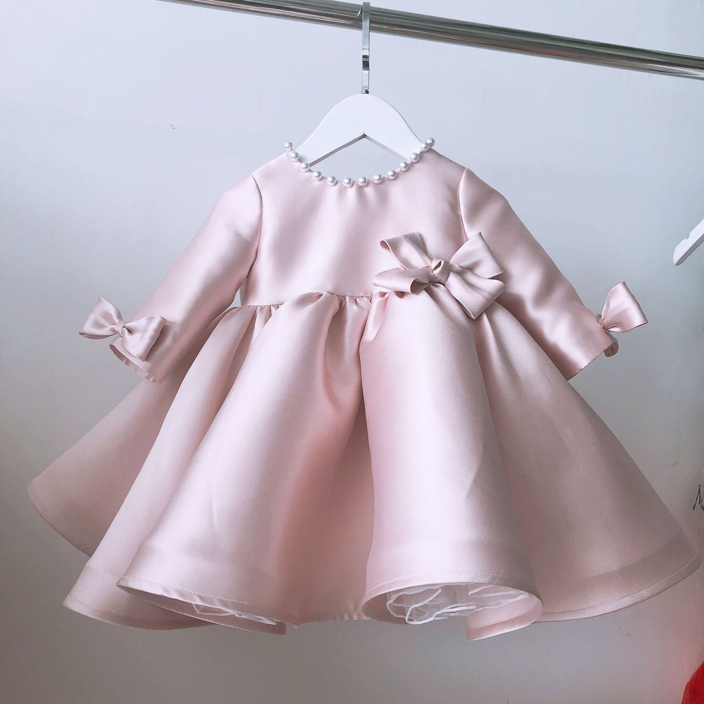 Princess Satin Flower Girl Dress with Beads and Bow Long Sleeve