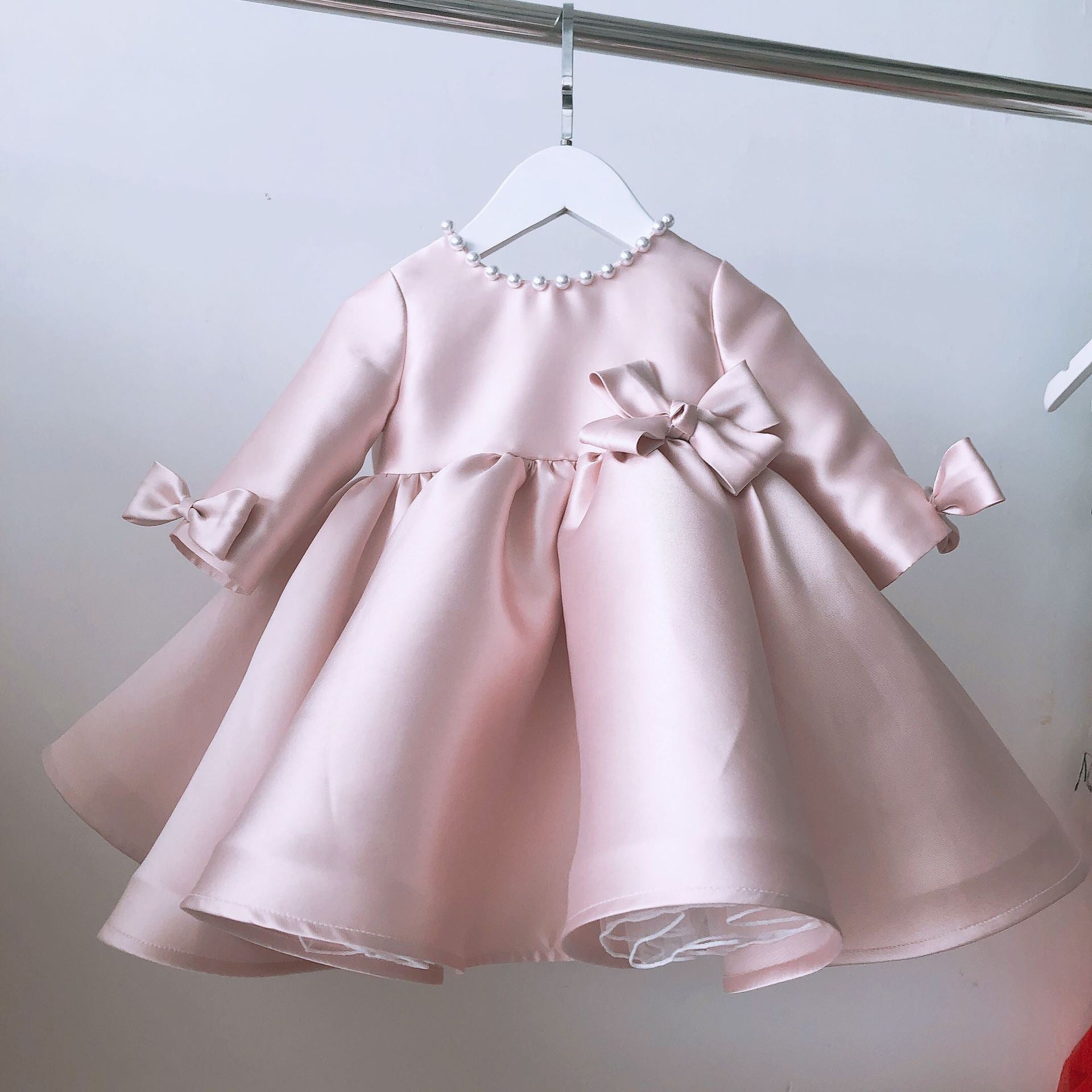 Princess Satin Flower Girl Dress with Beads and Bow Long Sleeve