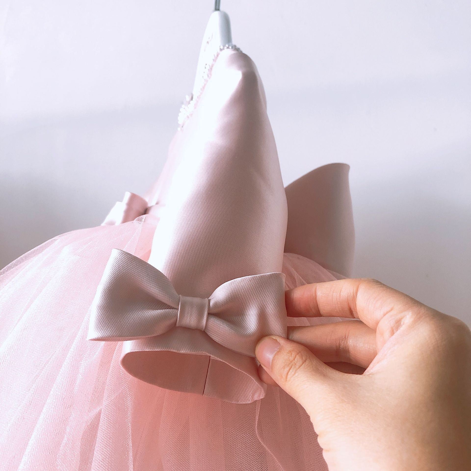 Princess Satin Flower Girl Dress with Beads and Bow Long Sleeve