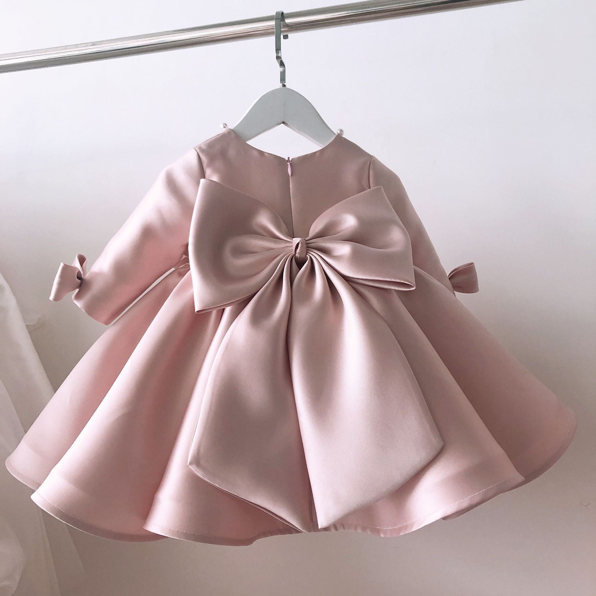 Princess Satin Flower Girl Dress with Beads and Bow Long Sleeve