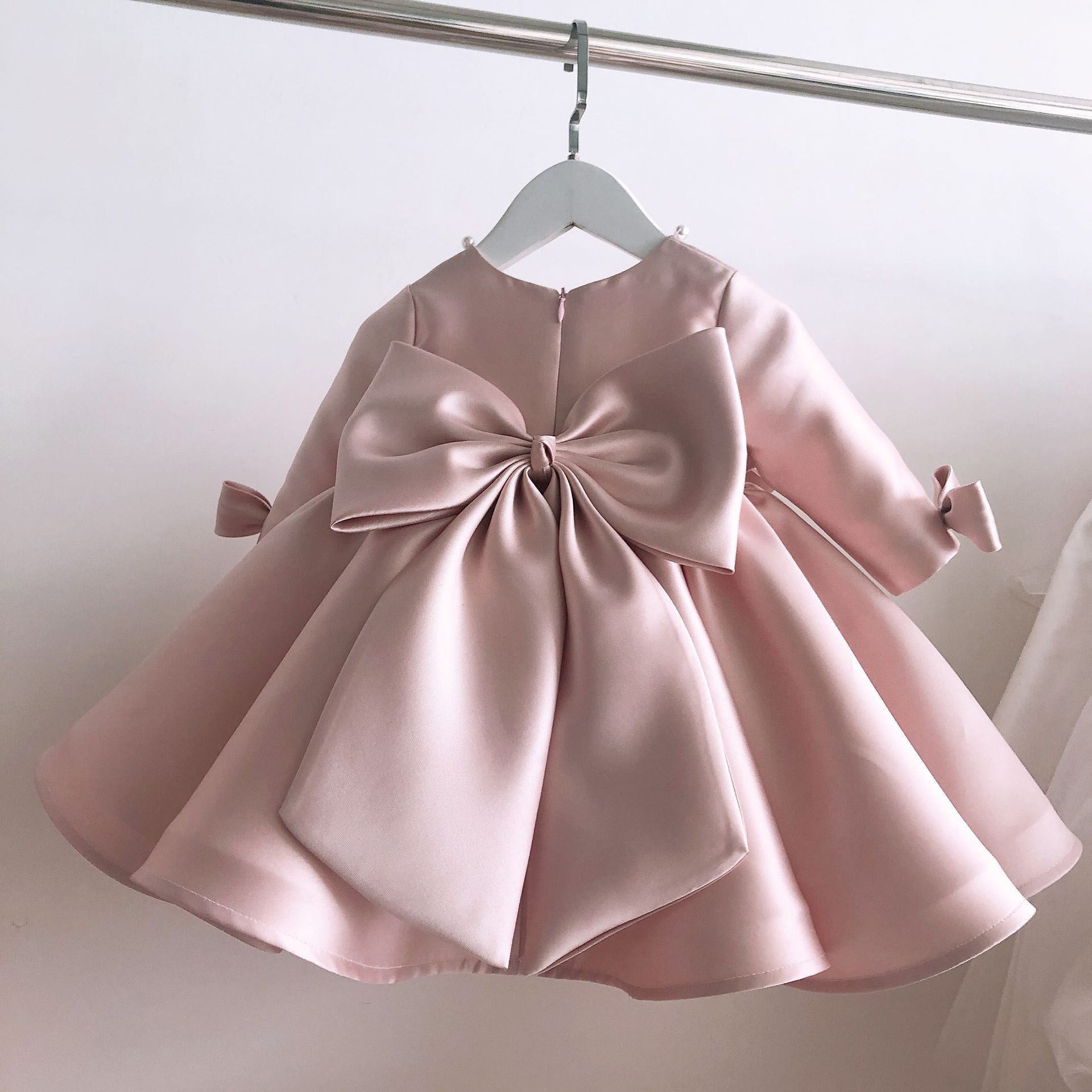 Princess Satin Flower Girl Dress with Beads and Bow Long Sleeve