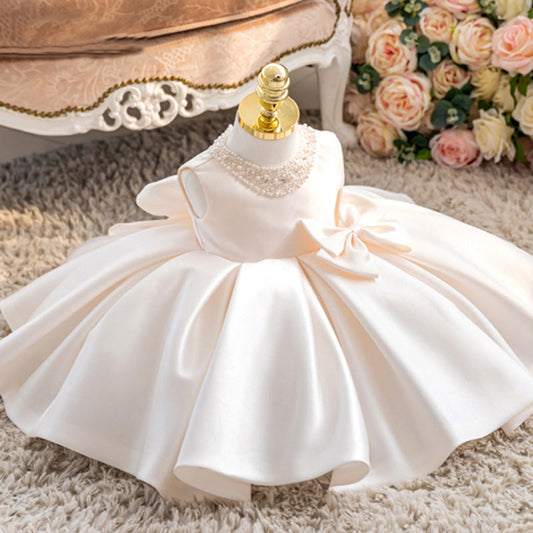 Princess Satin Flower Girl Dress with Bow and Ruffle Details