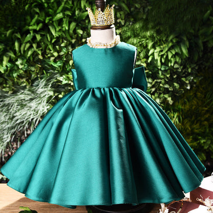Princess Satin Flower Girl Dress with Bow and Ruffle Details