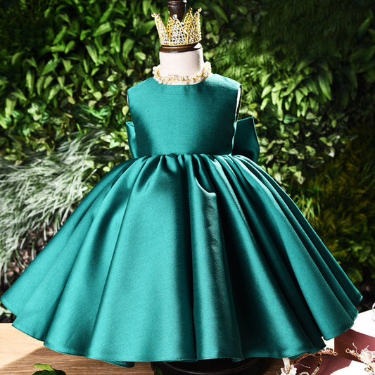 Princess Satin Flower Girl Dress with Bow and Ruffle Details
