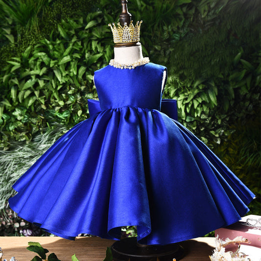 Princess Satin Flower Girl Dress with Bow and Ruffle Details