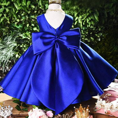 Princess Satin Flower Girl Dress with Bow and Ruffle Details