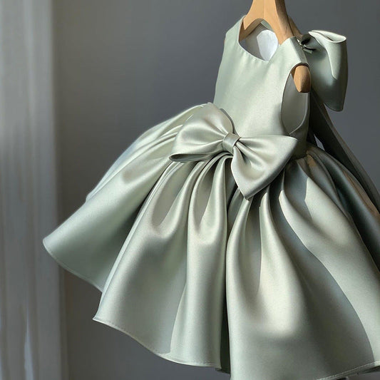 Princess Satin Flower Girl Dress with Bow Tea Length Sleeveless