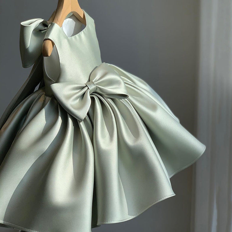 Princess Satin Flower Girl Dress with Bow Tea Length Sleeveless