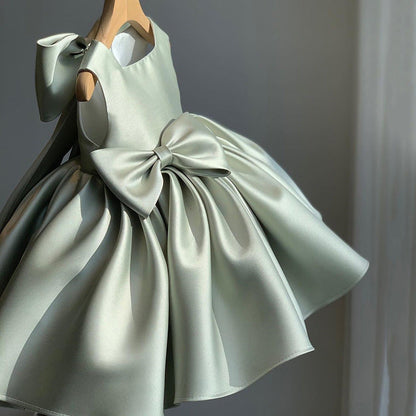 Princess Satin Flower Girl Dress with Bow Tea Length Sleeveless