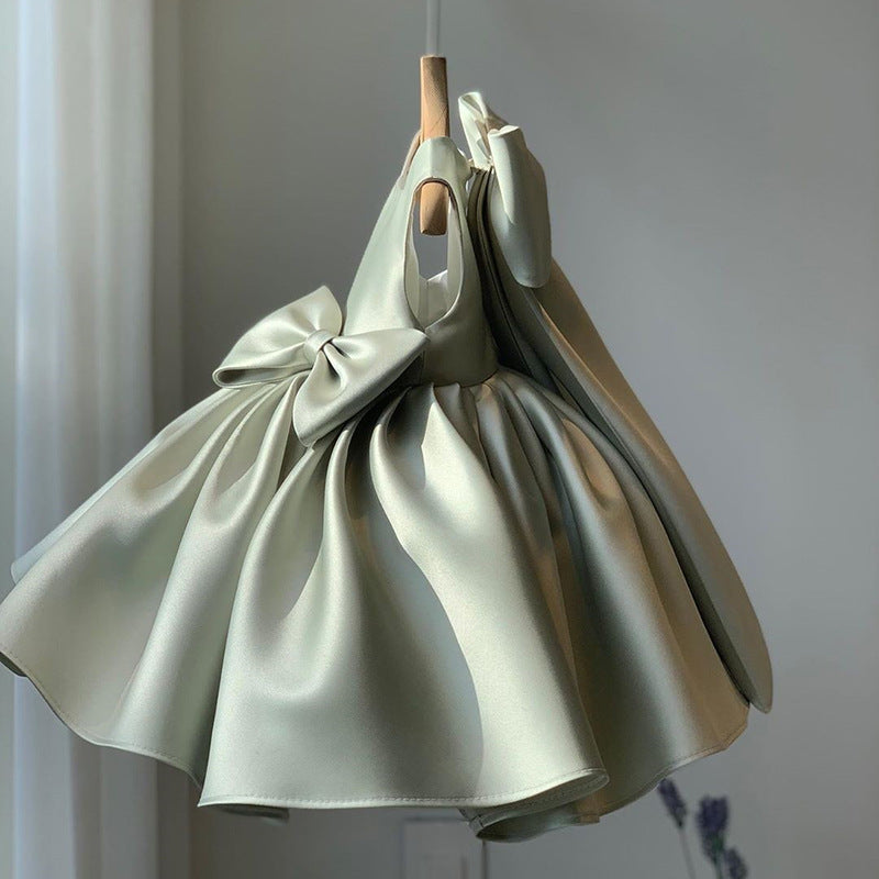 Princess Satin Flower Girl Dress with Bow Tea Length Sleeveless