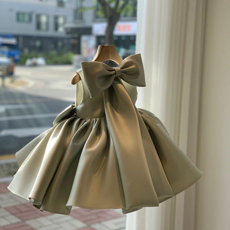 Princess Satin Flower Girl Dress with Bow Tea Length Sleeveless
