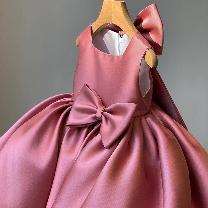 Princess Satin Flower Girl Dress with Bow Tea Length Sleeveless
