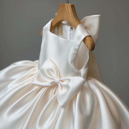 Princess Satin Flower Girl Dress with Bow Tea Length Sleeveless