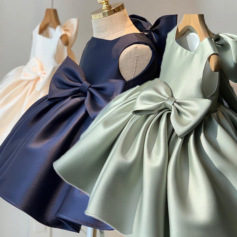 Princess Satin Flower Girl Dress with Bow Tea Length Sleeveless