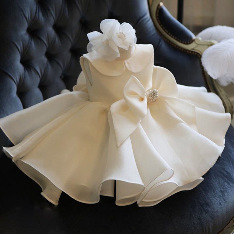 Princess Satin Flower Girl Dress with Cascading Ruffles and Beads
