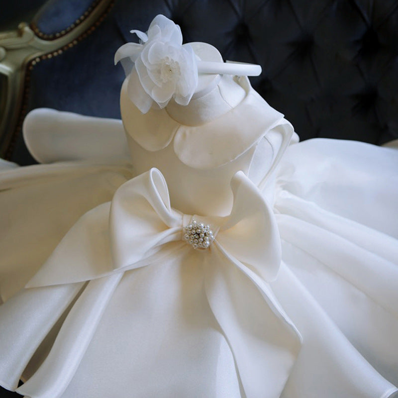 Princess Satin Flower Girl Dress with Cascading Ruffles and Beads