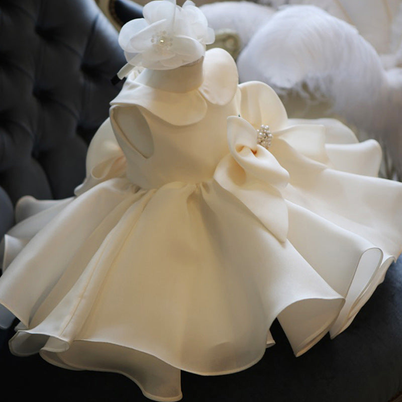 Princess Satin Flower Girl Dress with Cascading Ruffles and Beads