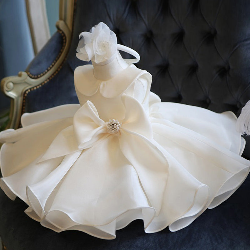 Princess Satin Flower Girl Dress with Cascading Ruffles and Beads