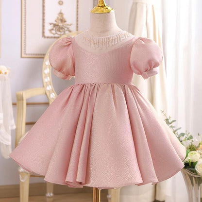 Princess Satin Flower Girl Dress with Puff Sleeves & Beaded Ruffles
