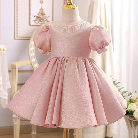 Princess Satin Flower Girl Dress with Puff Sleeves & Beaded Ruffles